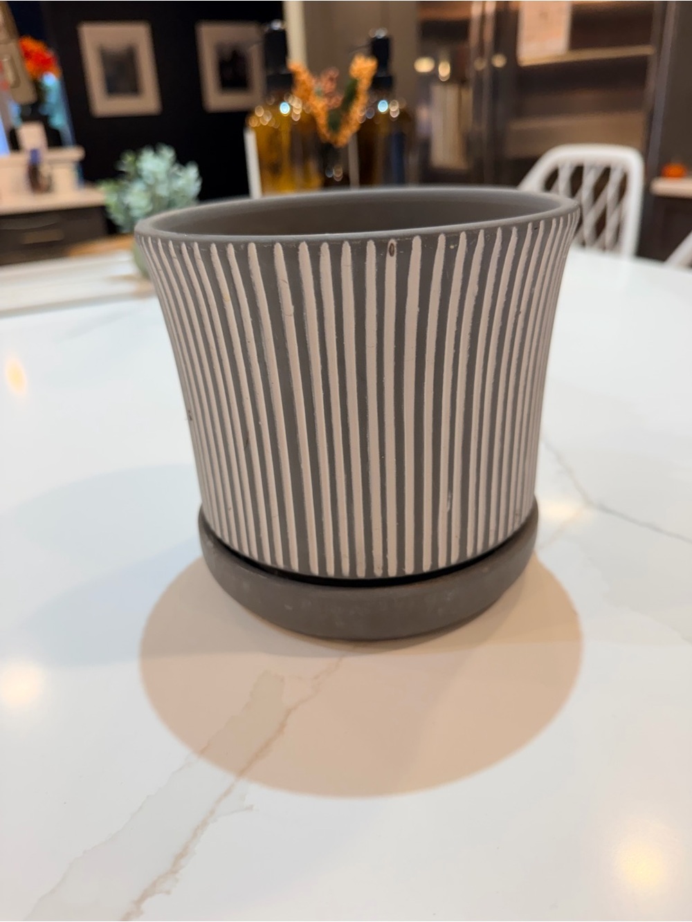 Gray Striped Ceramic Planter with Saucer